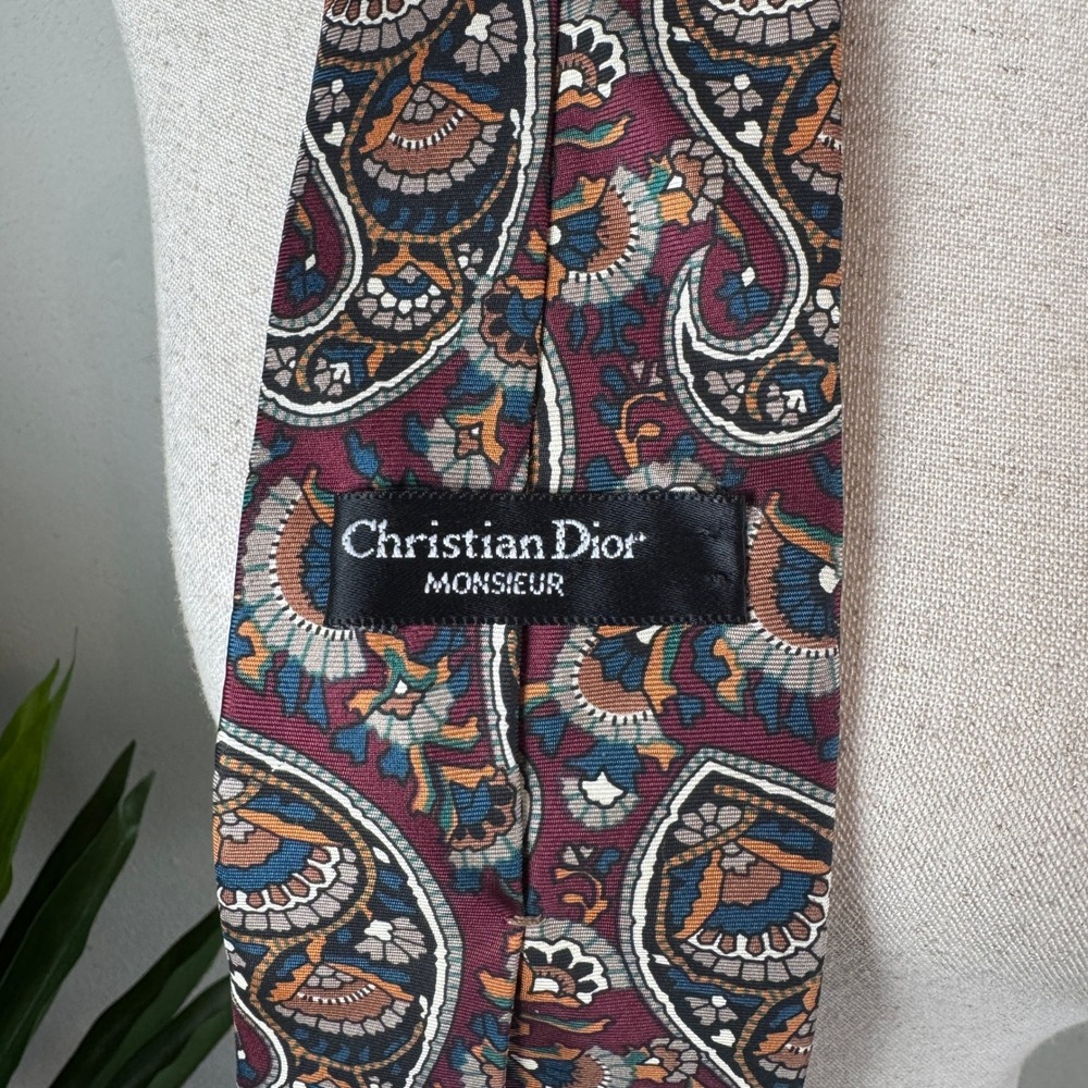 Vintage Christian Dior Monsieur Mens Tie Burgundy Paisley Italy Dark Academia